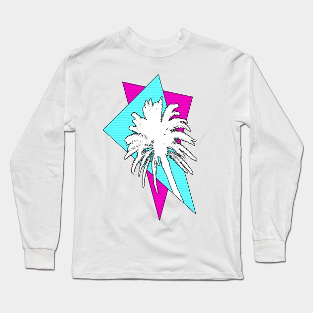 Retrowave Palm Tree in Cyan and Magenta Triangles Long Sleeve T-Shirt by Zeroeroroo